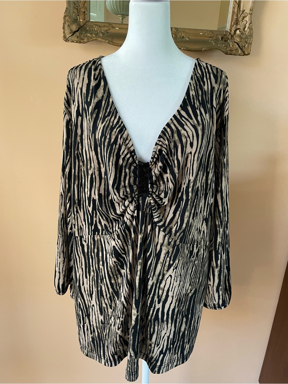 Apostrophe Beige and Black Zebra-Print Poly V Neck Long-Sleeve Loose Fit Top
